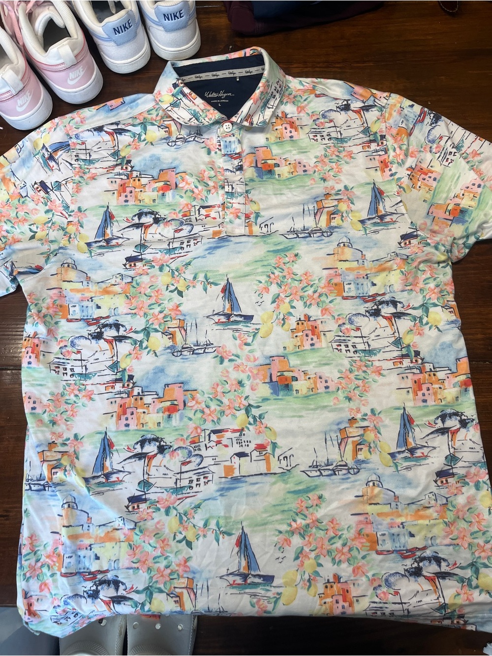 Walter Hagen White Tropical Harbor Print Polo with Pastel Accents